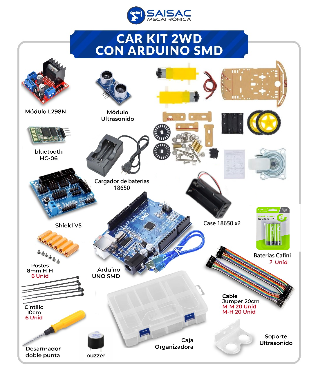 CAR KIT 2WD CON ARDUINO SMD CON BATERIA RECARGABLE