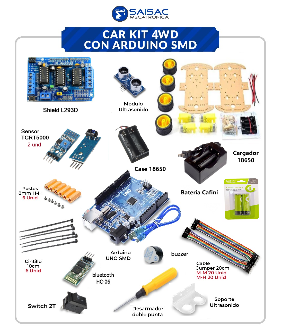 CAR KIT 4WD CON ARDUINO UNO SMD CON BATERIA RECARGABLE